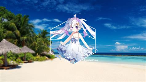 Wallpaper Vocaloid Another Beach Palm Trees Tropical Anime Girls Sky Sea X