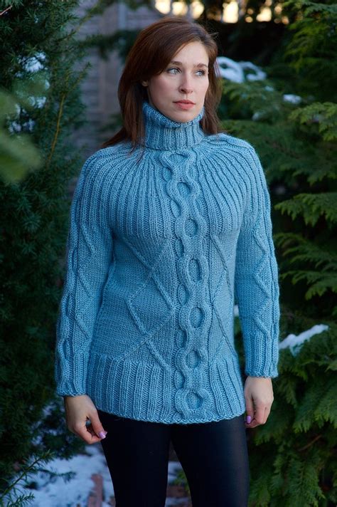 Womens Sweater Cable Knit Turtleneck Blue Swaeter Etsy Pullover