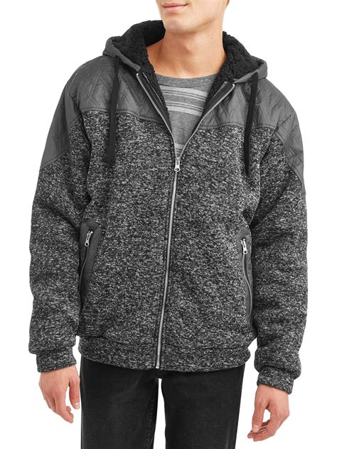 Mens Full Zip Sweater Fleece Hood Jacket With Nylon Piecing Up To