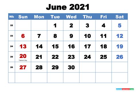 Free Printable June 2021 Calendar With Holidays