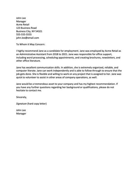 Sample Recommendation Letter From An Employer