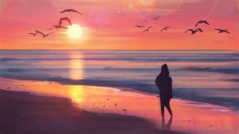 Download Wallpaper 1920x1080 Beach Sunset Silhouette