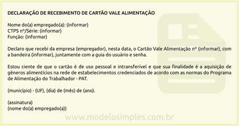 Modelo De Declaração De Recebimento De Cartão Vale Alimentação