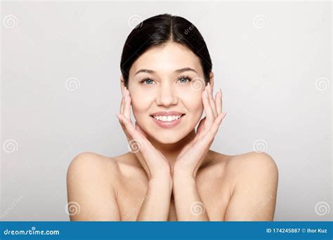Brunette Beauty Touching Her Soft Face Skin Stock Image Image Of Care