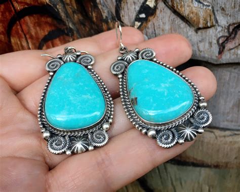 Large Blue Turquoise Dangle Earrings By Navajo Michael And Rose