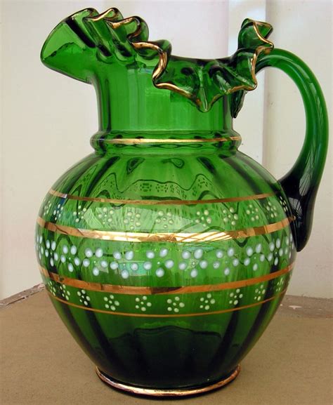 Green Glass Water Pitcher Ruffle Enameled Flowers Victorian Etsy