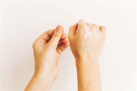 Avoiding Dry Skin Hands Applying Moisturizing Cream And Massaging Skin