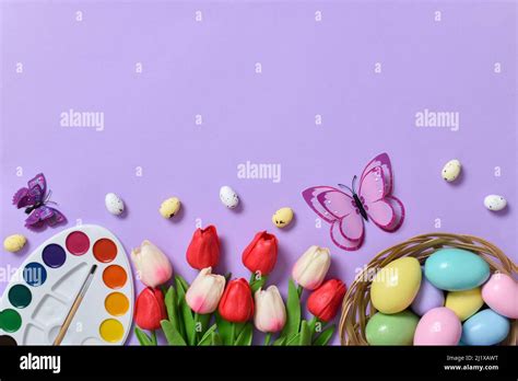 Easter Background With Painted Eggs Colors And Tulips And Butterflies