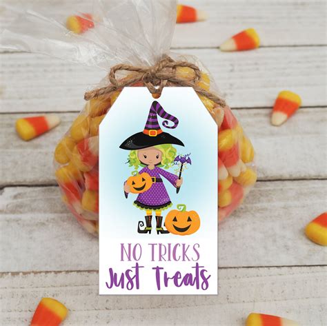 No Tricks Just Treats Printable Halloween T Tag Cute Witch Etsy Uk