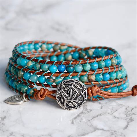 Turquoise Wrap Bracelet Jasper Turquoise With Brown Leather Etsy