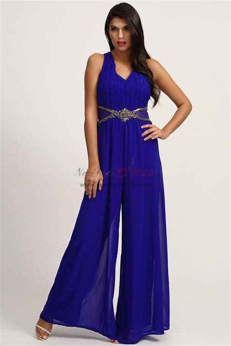Royal Blue Chiffon Prom Jumpsuit With Criss Cross Straps Wps