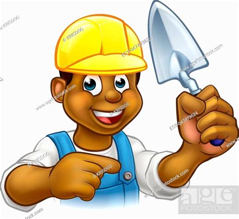 A Cartoon Black Builder Or Bricklayer Construction Worker Holding A
