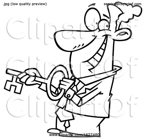 Cartoon Black And White Black Business Man Holding A Key To A City By