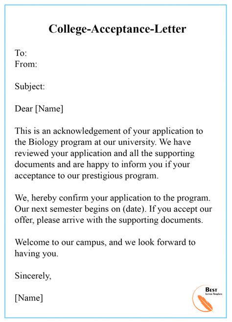 College Acceptance Letter Template Format Sample And Examples