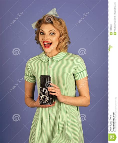Happy Woman Girl With Vintage Photo Camera Stock Image Image Of