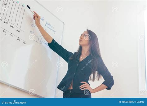 Female Teacher Giving A Lecture Showing Presentation On Whiteboard