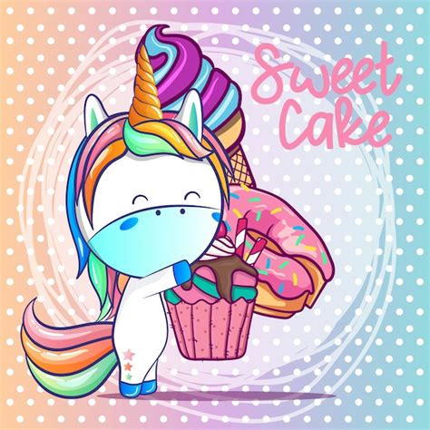 Premium Vector Cute Unicorn With Sweet Cake Cartoon