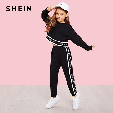 Buy Shein Black Girls Lettering Trim Casual Pullover