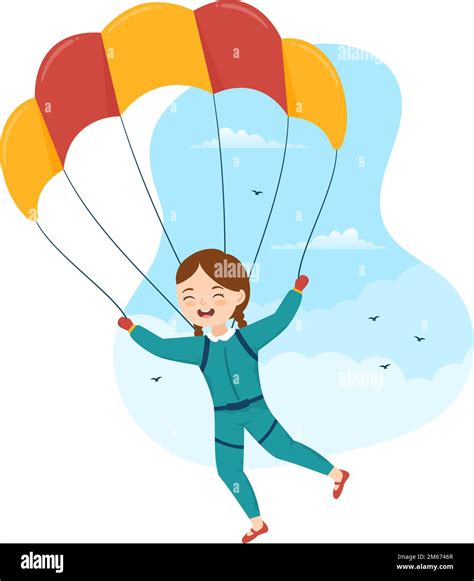 Skydiving Illustration With Kids Skydivers Use Parachute And Sky Jump