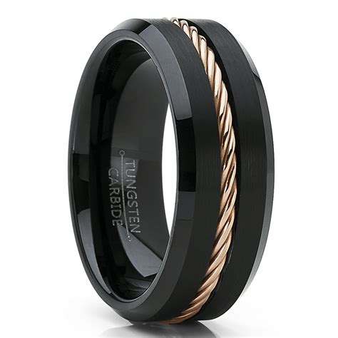 Ringwright Co Mens Black Tungsten Carbide Wedding Band Ring Rose Gold Tone Steel Cable Inlay