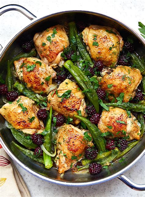 And served in a soft bun? Pan-Fried Chicken Thighs with Okra and Blackberries - i ...