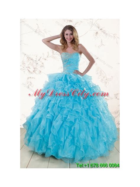 Unique 2015 Beautiful Baby Blue Sweet 16 Dresses With Beading And Ruffles