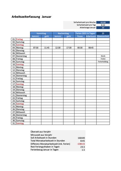 Zeiterfassung Excel Vorlagen Kostenlose Arbeitszeiterfassung Schweiz