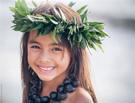 Portrait Of A Smiling Young Traditional Hawaiian Hula Dancer Girl By Shelly Perry Stocksy United