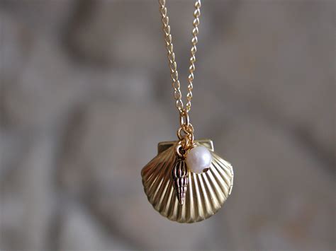 Sea Shell Locket Necklace With Pearl And Little Trumpet Charm Jewelry