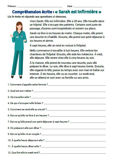 Français Compréhension écrite Sarah Est Infirmière A2 Ce1 Ce1