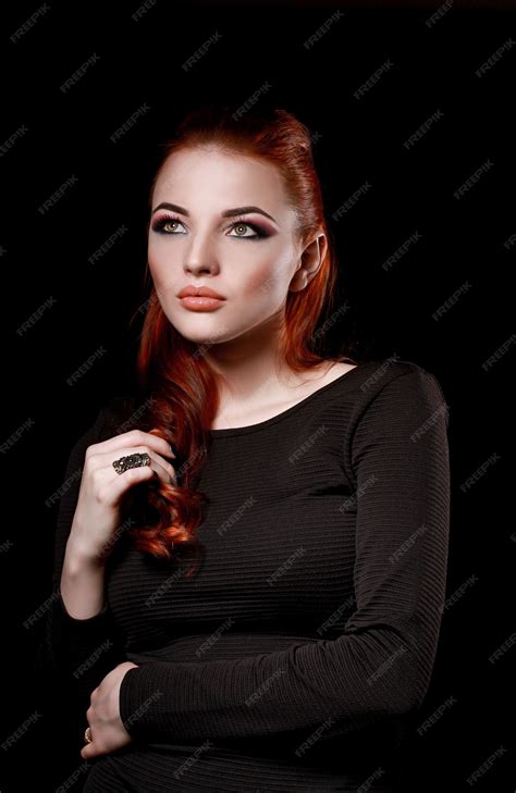 Premium Photo Sexy Redhead Girl In Black Dress On Black