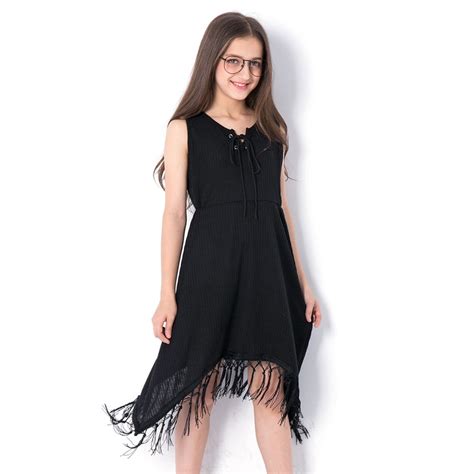 Teenage Girls Black Dress Tassel Dress For Girls 2019 Summer Beach