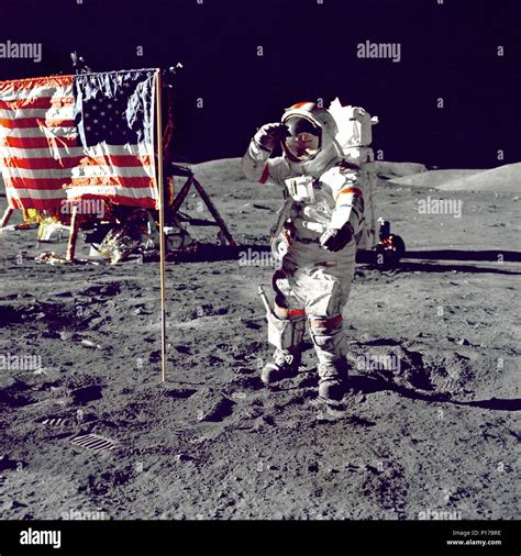 Eugene A Cernan Commander Apollo 17 Salutes The Flag On The Lunar