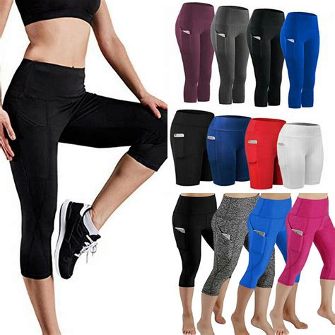 womens capri yoga pants pockets run gym sport fitness cropped leggings workout