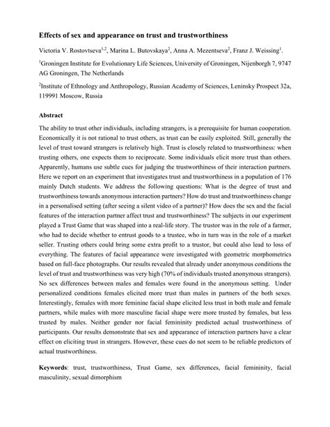 Pdf Effects Of Sex And Appearance On Trust And Trustworthiness
