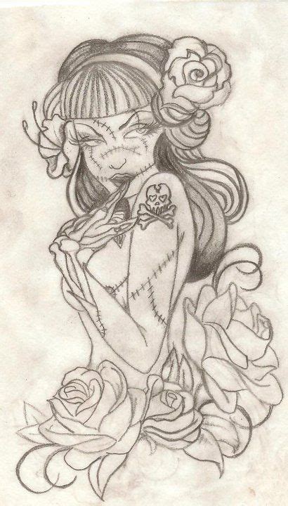Tempting Pencilwork Pin Up Zombie Girl With Roses Tattoo Design
