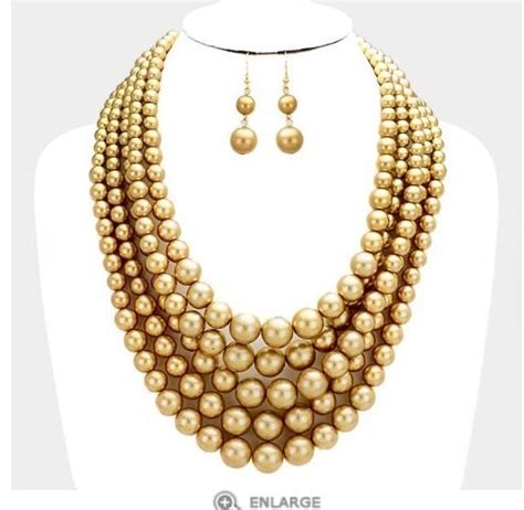 Gold Chunky Statement Pearl Long Bib Multi Layered Strand Bead Necklace