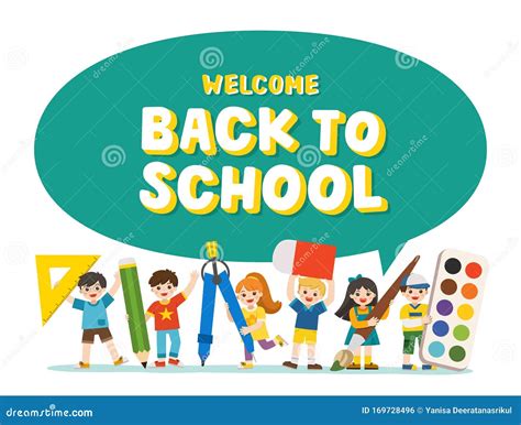 Welcome Back To School Happy Children With Elements Of School