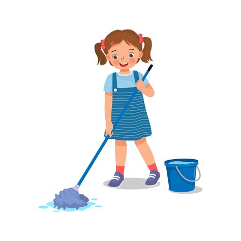 Cute Little Girl Mopping The Floor With Mop And Bucket Doing Housework