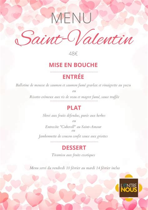 Menu Saint Valentin Du Au Inclus Brasserie L Entre Nous