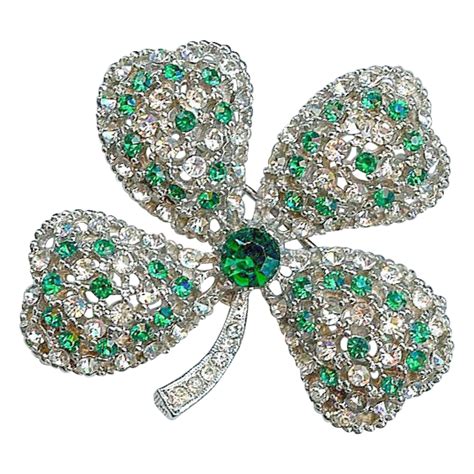 Striking Vtg Signed By Art Emerald Green Clear Chatons Shamrock Clover