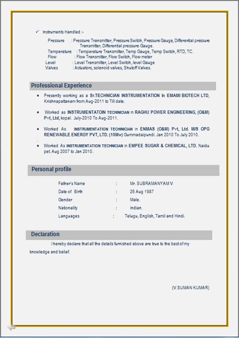 Fresher resume format download in ms word india resume : RESUME BLOG CO: RESUME SAMPLE FOR I.T.I (Instrument mechanics) from N.C.V.T & Having 7 years ...