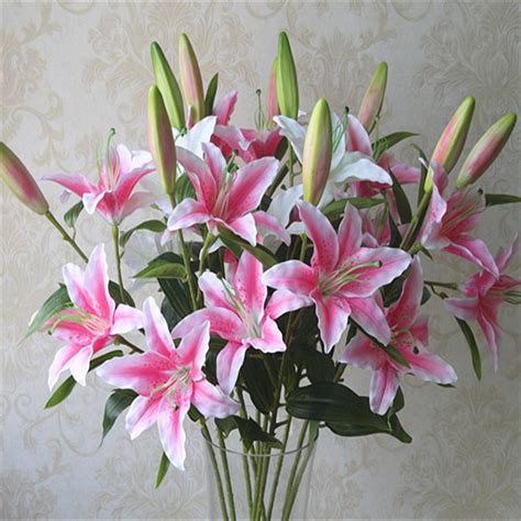 3 heads lily flower pink artificial lilies bouquet wedding floral home decor flower real touch