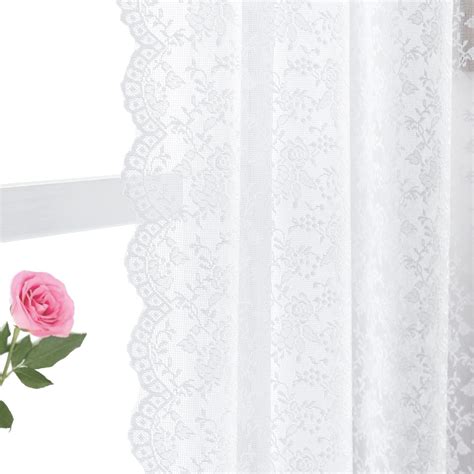 Finecity White Lace Curtains 72 Inch Long White Floral Sheer Lace Curtains Set For Living Room
