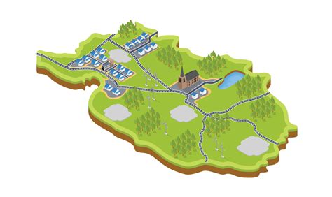 Isometric Style Illustration Of A Village Map With A Windmill And A