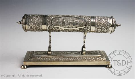 An Indian Silver Presentation Scroll Case And Stand The Cylindrical