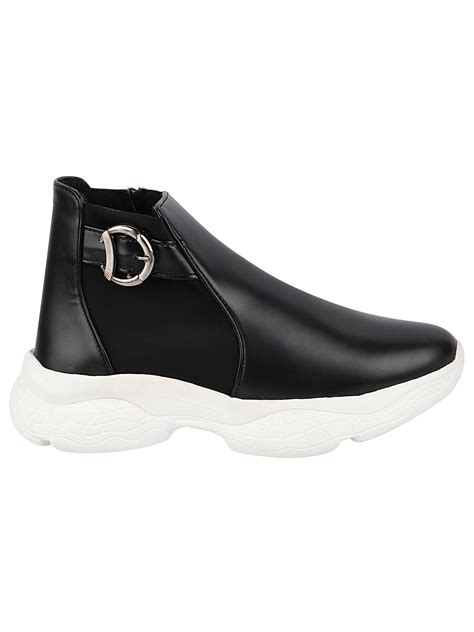 Buy Shoetopia Women Black Flatform Heeled Boots With Buckles