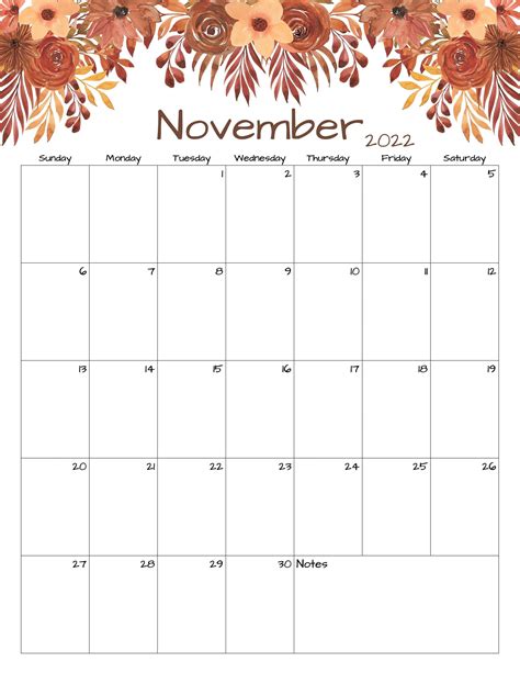 November Calendar November Printable Calendar Autumn Calendar