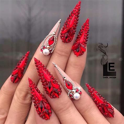 Gorgeous Red Stiletto Nails With Swarovski Crystals
