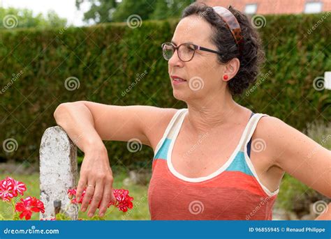 Portrait Of A Middle Aged Brunette Woman With Eyeglasses Stock Image